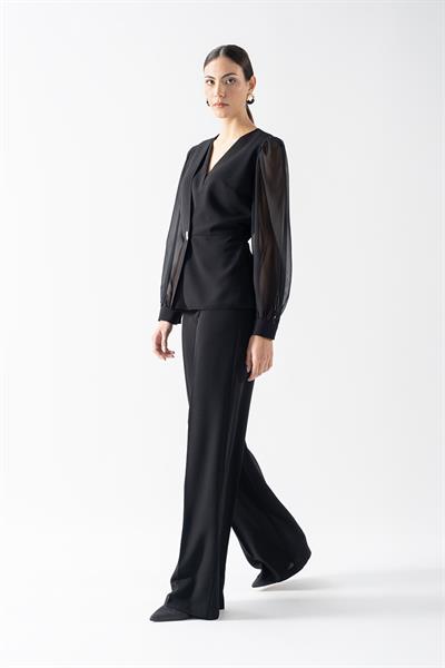 Diamante V  Yaka Kruvaze Tek Düğme Kolları Şifon Ceket SİYAH