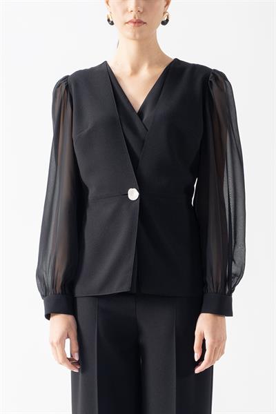 Diamante V  Yaka Kruvaze Tek Düğme Kolları Şifon Ceket SİYAH
