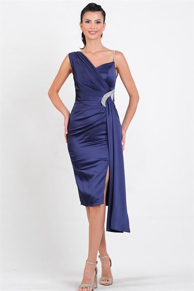 Dignard Taşlı Askılı Tek Kol  Damla Aksesuar Detaylı Midi Abiye Elbise LACİVERT