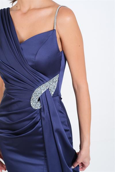 Dignard Taşlı Askılı Tek Kol  Damla Aksesuar Detaylı Midi Abiye Elbise LACİVERT