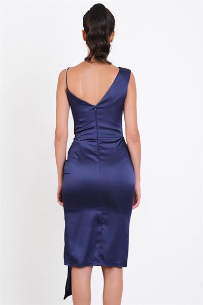 Dignard Taşlı Askılı Tek Kol  Damla Aksesuar Detaylı Midi Abiye Elbise LACİVERT