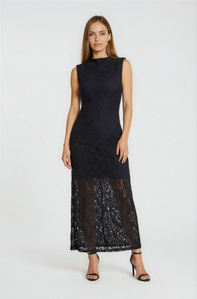 Dik Yaka Dantel Detaylı Elbise SİYAH