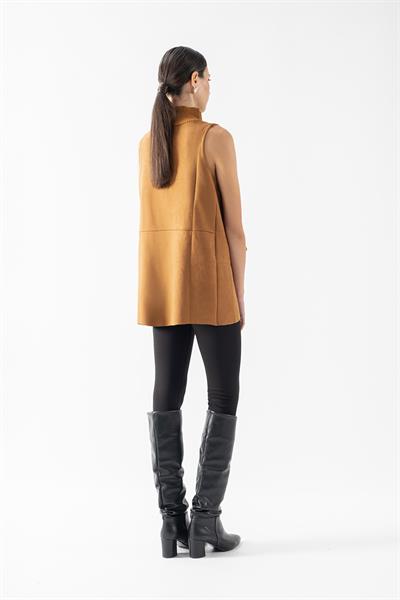 Dionigia Dik Yaka Yarım Pat Düğmeli Ön Örme Arka Nubuk Triko TABA