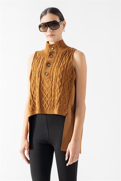 Dionigia Dik Yaka Yarım Pat Düğmeli Ön Örme Arka Nubuk Triko TABA