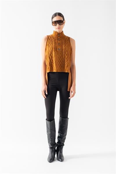 Dionigia Dik Yaka Yarım Pat Düğmeli Ön Örme Arka Nubuk Triko TABA