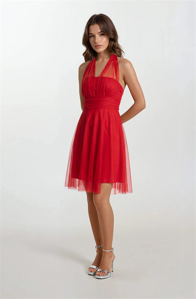 Dionisi Straplez Boyundan Bağlamalı Kısa Abiye Elbise KIRMIZI