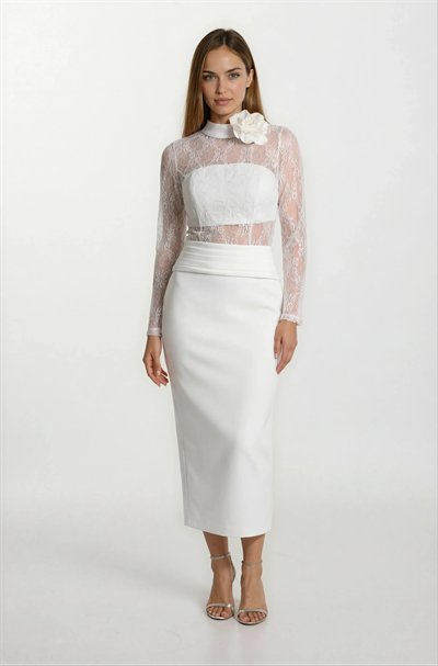 Dolindo Üstü  Dantelli Yaka Çiçek Detaylı Midi Abiye Elbise EKRU