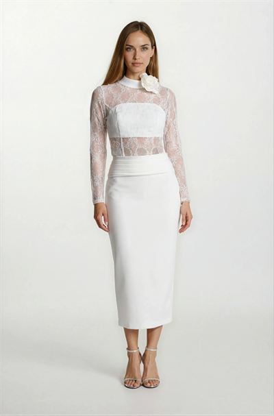 Dolindo Üstü  Dantelli Yaka Çiçek Detaylı Midi Abiye Elbise EKRU