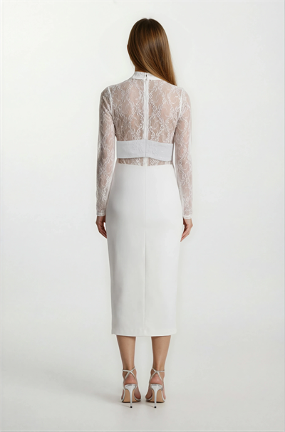Dolindo Üstü  Dantelli Yaka Çiçek Detaylı Midi Abiye Elbise EKRU