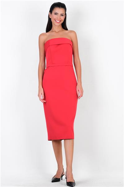 Dominczy Straplez Yaka Elbise KIRMIZI