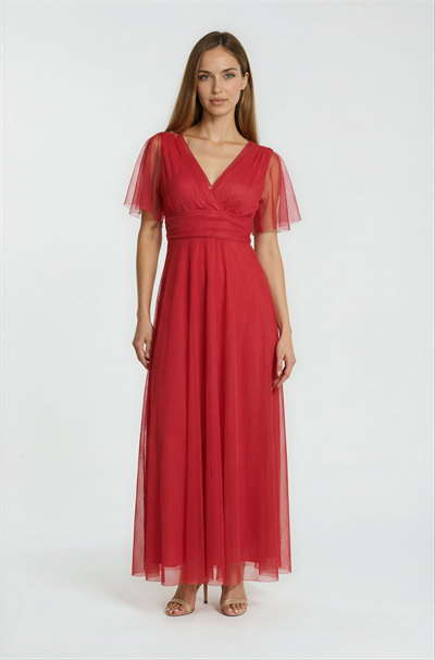 Donahue Ön Arka V Yaka Beli Drapeli Uzun Abiye Elbise KIRMIZI