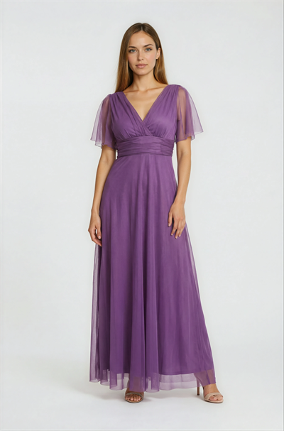 Donahue Ön Arka V Yaka Beli Drapeli Uzun Abiye Elbise MOR