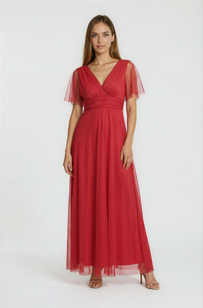 Donahue Ön Arka V Yaka Beli Drapeli Uzun Abiye Elbise KIRMIZI