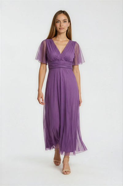 Donahue Ön Arka V Yaka Beli Drapeli Uzun Abiye Elbise MOR
