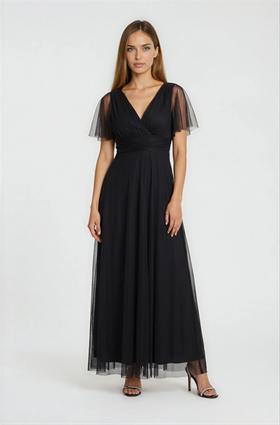 Donahue Ön Arka V Yaka Beli Drapeli Uzun Abiye Elbise SİYAH