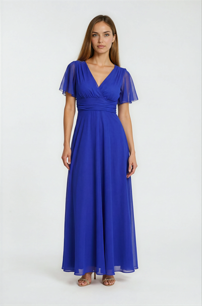 Donahue Ön Arka V Yaka Beli Drapeli Uzun Abiye Elbise SAKS