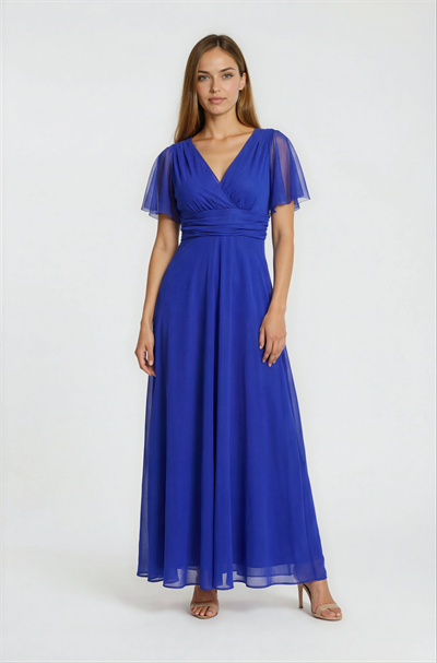 Donahue Ön Arka V Yaka Beli Drapeli Uzun Abiye Elbise SAKS