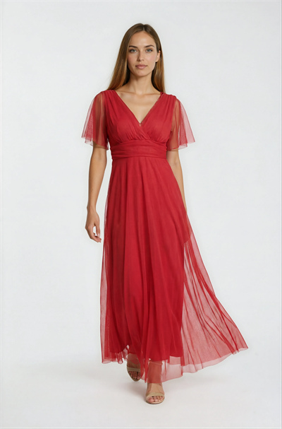 Donahue Ön Arka V Yaka Beli Drapeli Uzun Abiye Elbise KIRMIZI
