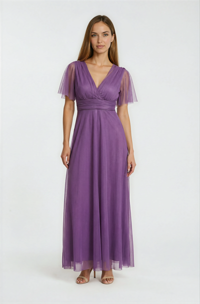 Donahue Ön Arka V Yaka Beli Drapeli Uzun Abiye Elbise MOR