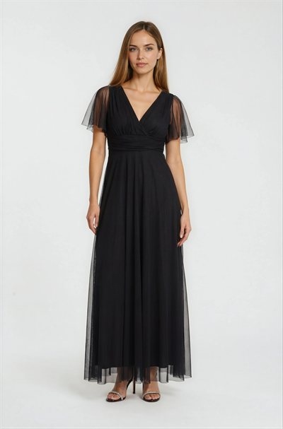 Donahue Ön Arka V Yaka Beli Drapeli Uzun Abiye Elbise SİYAH