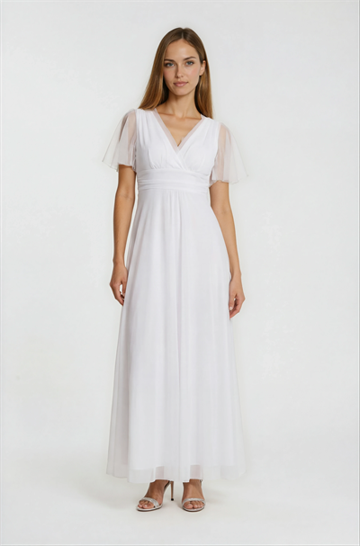 Donahue Ön Arka V Yaka Beli Drapeli Uzun Abiye Elbise BEYAZ