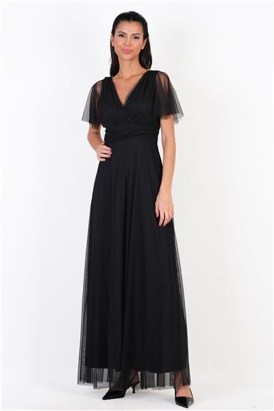 Donahue Ön Arka V Yaka Beli Drapeli Uzun Abiye Elbise SİYAH