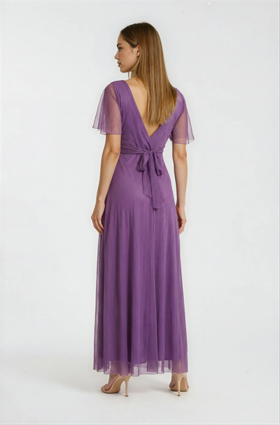 Donahue Ön Arka V Yaka Beli Drapeli Uzun Abiye Elbise MOR