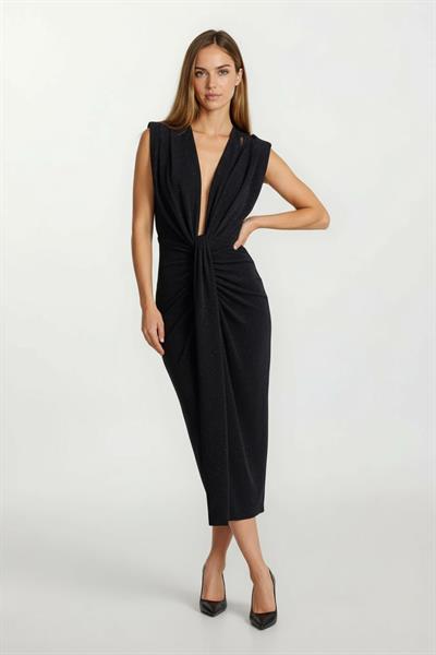 Donatino Omuz Pileli Önü Derin V Taşlı Uzun Abiye Elbise SİYAH