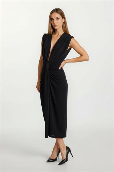 Donatino Omuz Pileli Önü Derin V Taşlı Uzun Abiye Elbise SİYAH