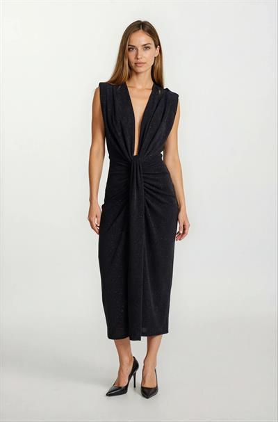 Donatino Omuz Pileli Önü Derin V Taşlı Uzun Abiye Elbise SİYAH