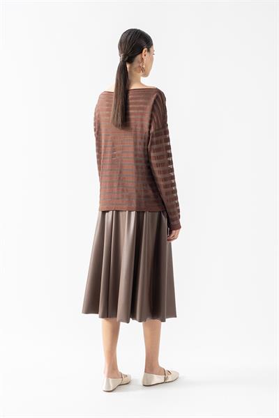 Donelio Kayık Yaka Transparan Çizgili Triko KAHVE