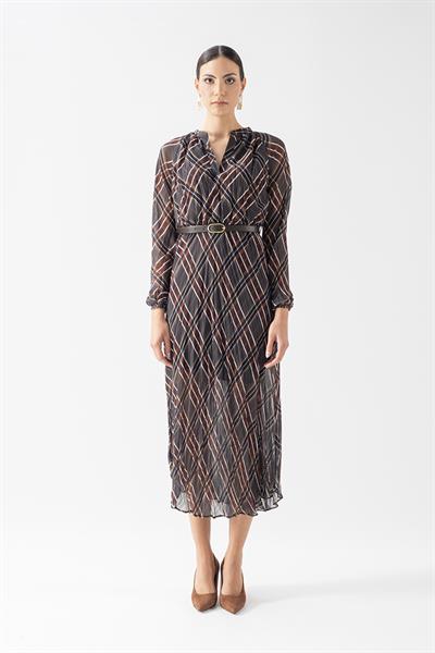 Doralba V Yaka Kemer Detaylı Kıraş Elbise ANTRASİT