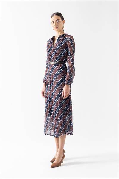 Doralba V Yaka Kemer Detaylı Kıraş Elbise KAHVE