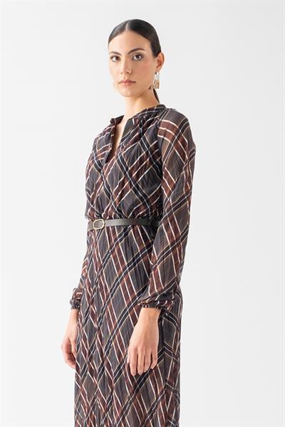 Doralba V Yaka Kemer Detaylı Kıraş Elbise ANTRASİT