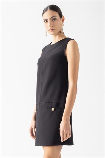 Dorligo Yuvarlak Yaka Kolsuz Flota Düğme Detaylı Elbise SİYAH