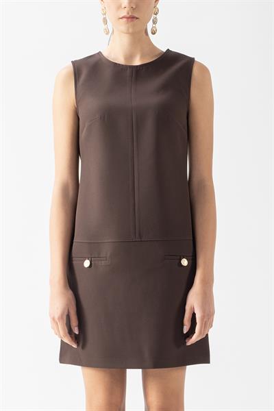 Dorligo Yuvarlak Yaka Kolsuz Flota Düğme Detaylı Elbise KAHVE