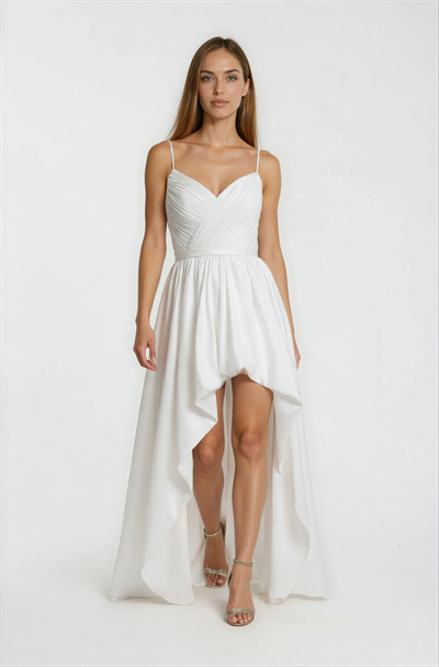 Drapeli Asimetrik Kesim Davet Elbisesi BEYAZ