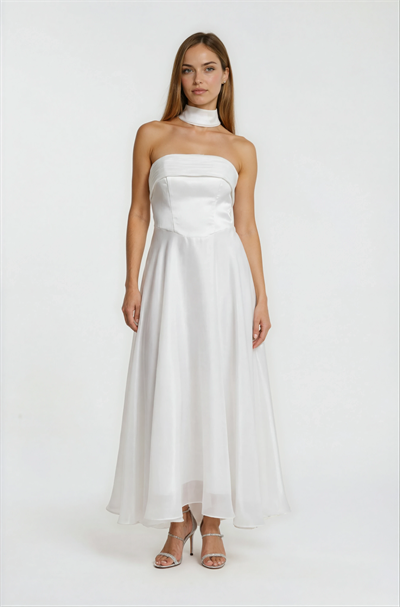 Drapeli Straplez Davet Elbisesi BEYAZ