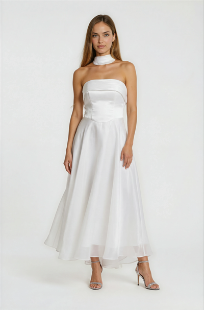 Drapeli Straplez Davet Elbisesi BEYAZ