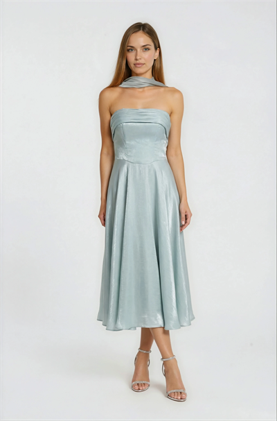 Drapeli Straplez Davet Elbisesi MİNT