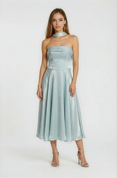 Drapeli Straplez Davet Elbisesi MİNT