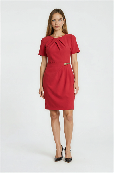 Drapeli Yaka Bel Aksesuar Detaylı Elbise KIRMIZI