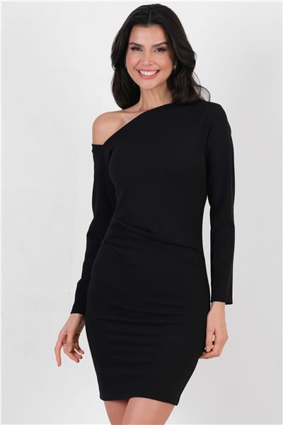 Dreyfus Asimetrik Yaka Drapeli Elbise SİYAH