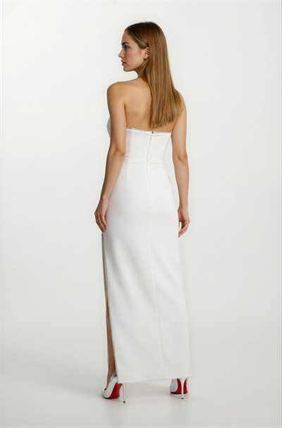 Dunts Straplez Yaka Yırtmaçlı Şerit Taş Detaylı Uzun Abiye Elbise EKRU