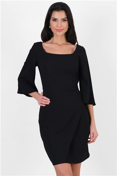 Duplass Kare Yaka Asimetrik Etekli Elbise SİYAH