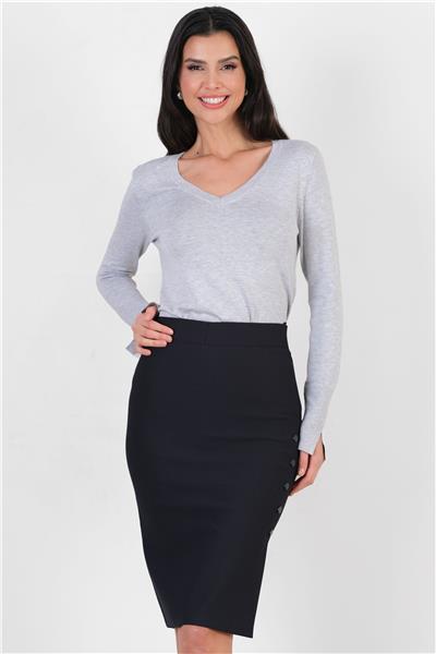 Duttine Önü Metal Düğmeli Kalem Etek LACİVERT