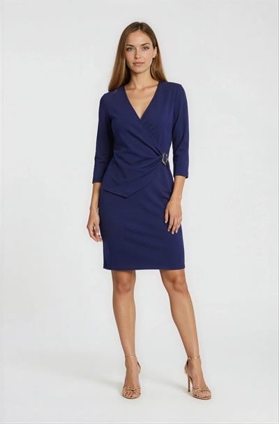 Kruvaze Yaka Toka Detaylı Midi Kadın Elbise LACİVERT