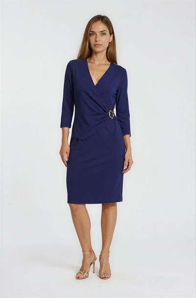 Kruvaze Yaka Toka Detaylı Midi Kadın Elbise LACİVERT