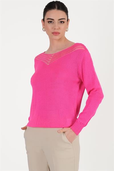 Eggert Ön Arka Yaka V Delikli Örgü Salaş Triko FUŞYA