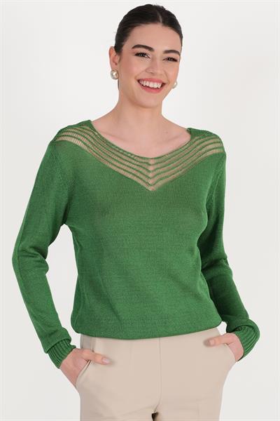Eggert Ön Arka Yaka V Delikli Örgü Salaş Triko YEŞİL